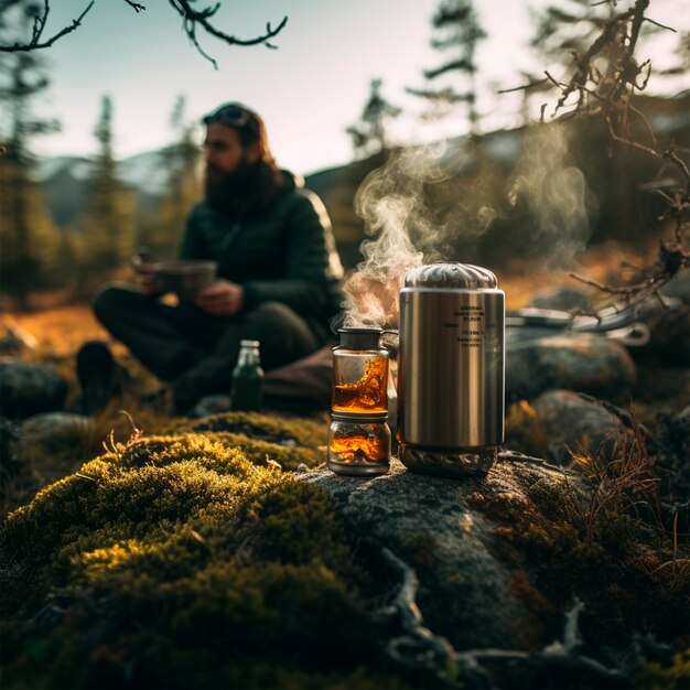 人々は自然の中でお茶を飲みながら魔法瓶を使う環境に優しい写真