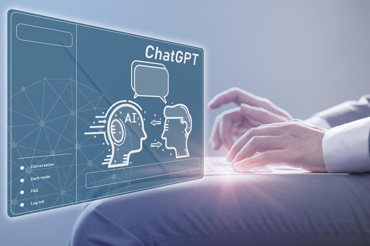 ChatGPT を使っている人 AI チャットボット システム ビジネスマン チャット タイピング 質問 会話 回答 スマート 人工知能 開発者 OpenAI 無料で使える