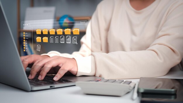 people using computer manage to folder document management system dms open file folder documents data transfer backup file sharing document transferring concept searching and managing files