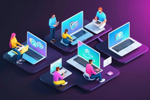 People using laptops for communicating in social media isometric icon 3d vector illustration