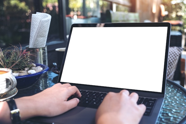 People using mock up computer laptop 