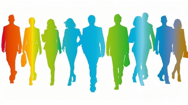 People of various professions are walking in a single direction They are depicted in silhouette and arranged in a rainbow of colors