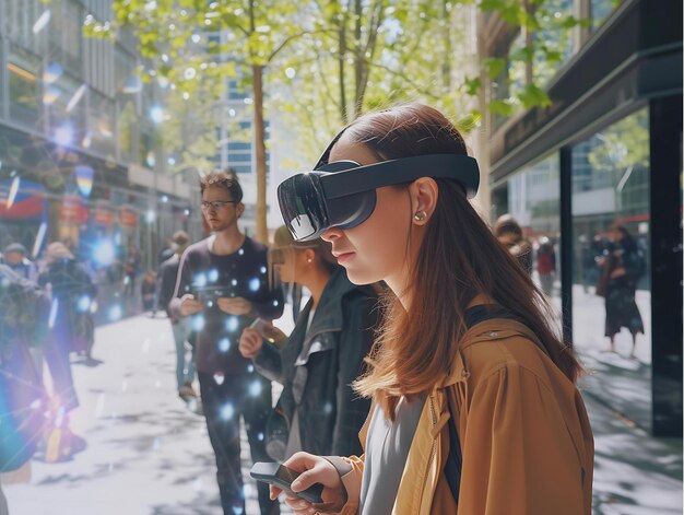 Photo people in virtual reality headset looking at smartphone while walking on city street