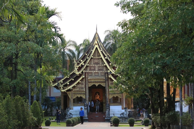 People visiting temple by trees