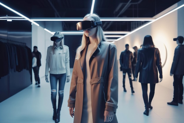 VR ヘッドセットを装着した人々が、仮想現実生成 AI を使用して店内を歩く女性客