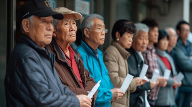 税務 事務所 の 外 で 税金 の 文書 を 持っ て 列 に 立っ て 待つ 人 たち