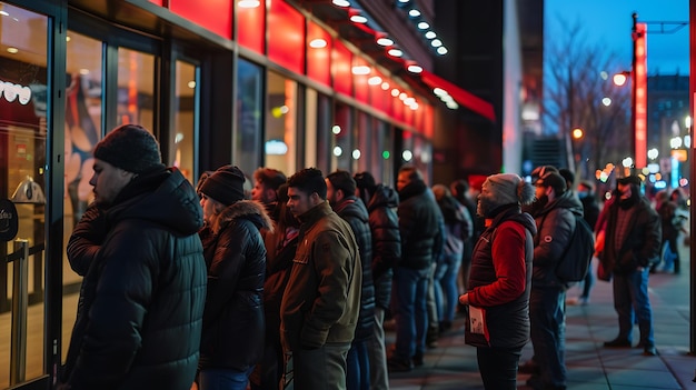 People waiting in line outside of a store at night The people are bundled up in warm clothes and the stores lights are reflecting off the windows