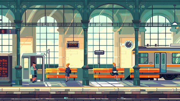 People waiting on a platform for a train Modern illustration of a city subway waiting terminal with benches a schedule locomotive on railroad and passengers