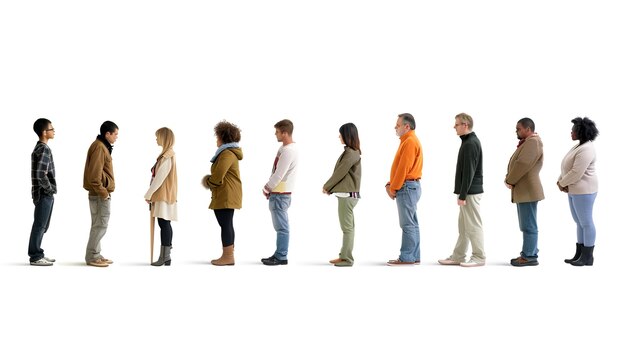 Foto persone in coda su uno sfondo bianco