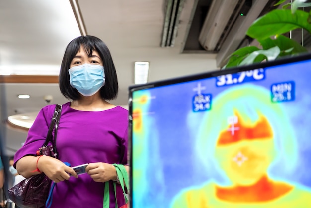 Le persone in attesa di controllo della temperatura con thermoscan