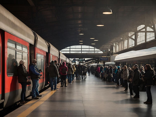 People waiting for the train at the train station in Munich Germany