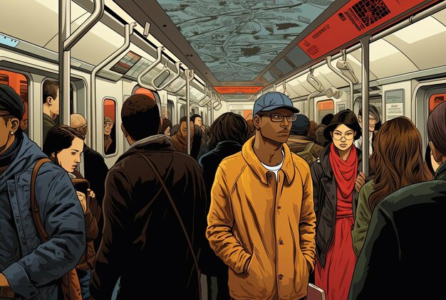 people walk by a train in a crowded subway in the style of scott adams