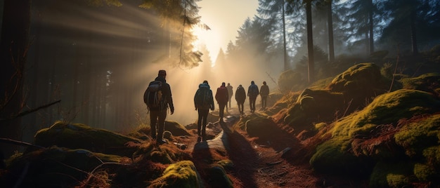 写真 松の森でハイカーのグループと一緒に日の出のバナーで森を歩く人々 男性の風景