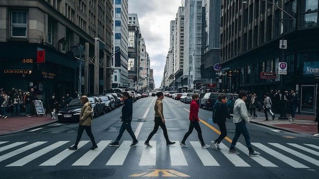 People walk on street in the city over pedestrian crossing traffic road