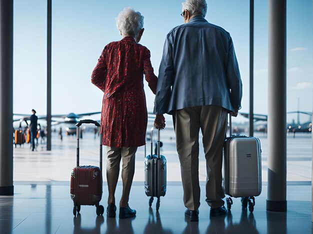 Люди, идущие в аэропорту, смотрят сзади на старую пару, которая стоит с чемоданом