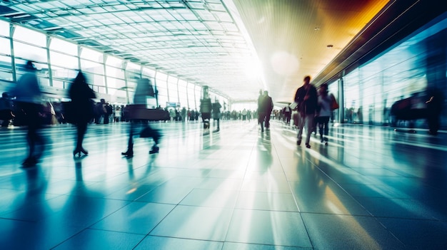 People walking in an airport with the sun shining on them