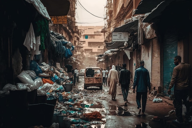 People walking along street among overflowing garbage and dirty junk