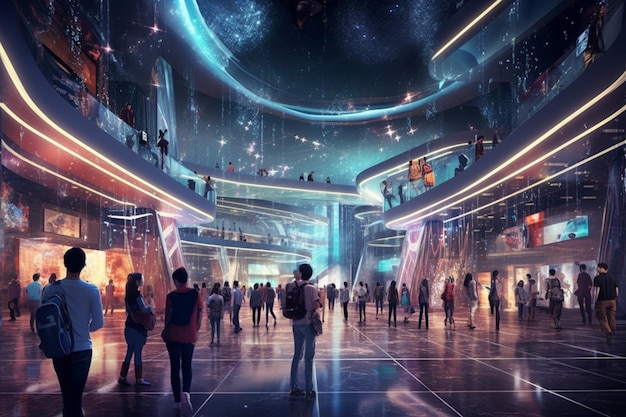 People walking around a futuristic mall with a lot of lights generative ai