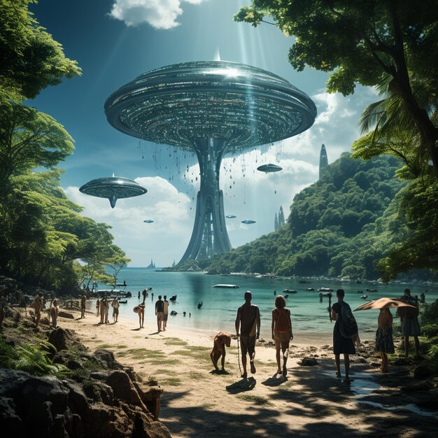 People walking on a beach with a large alien ship in the sky generative ai