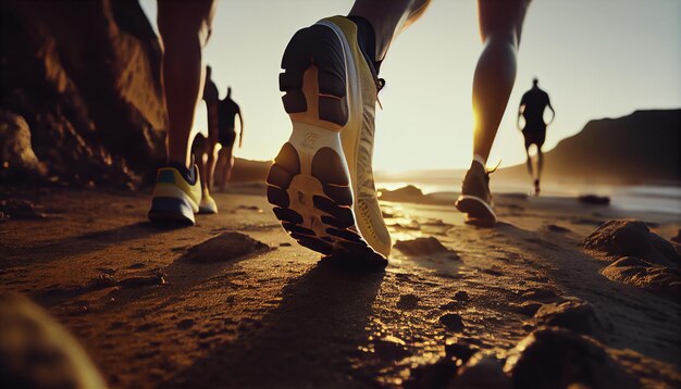 People walking on a beach with the sun setting behind them