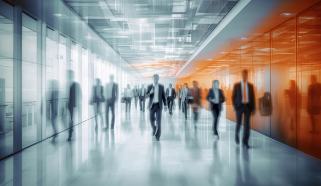 People walking in a building with orange background