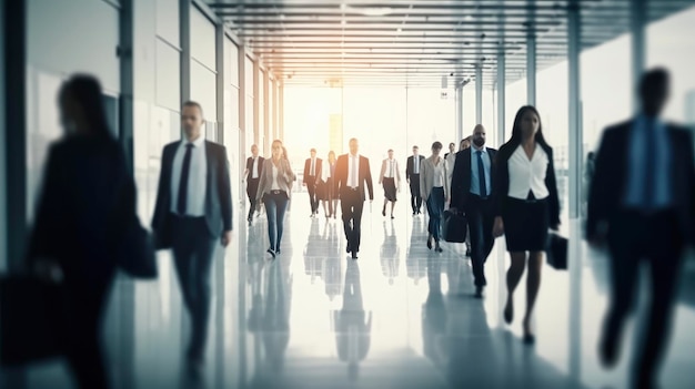 People walking in a building with the word'business'on the bottom left