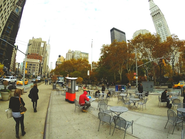 People walking on city street