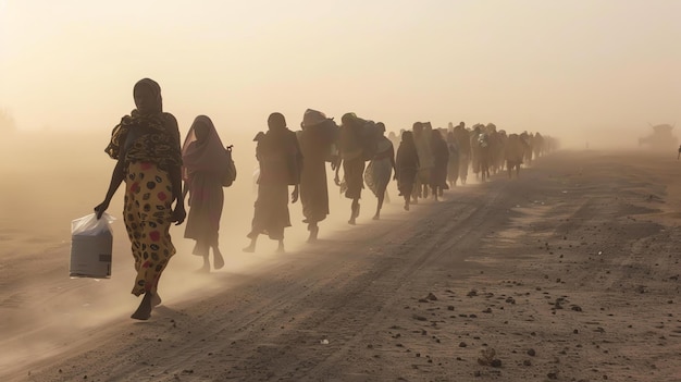 Foto la gente cammina nel deserto la gente è tutta vestita di abiti tradizionali