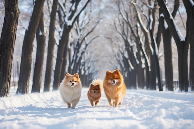 People walking dogs in a snow filled park