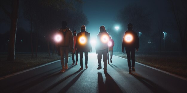 People walking down a road with lights on