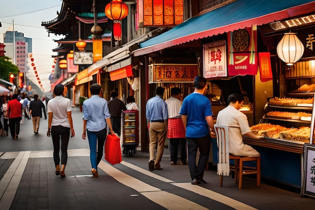 People walking down a street in front of a store that says'tsukiji'on it