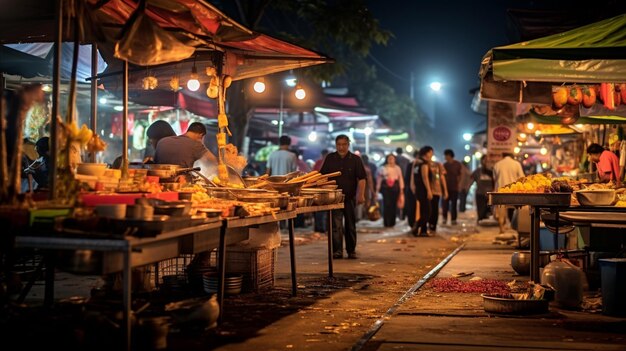 people walking down a street at night with food on tables generative ai