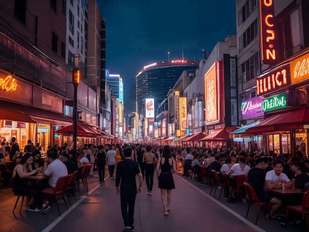 people walking down the street at night