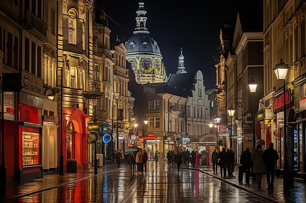 people walking down a street at night