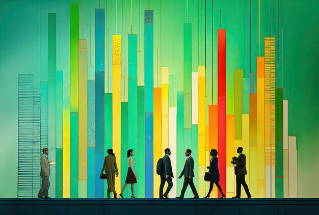 People walking in front of colorful graphs in a green background