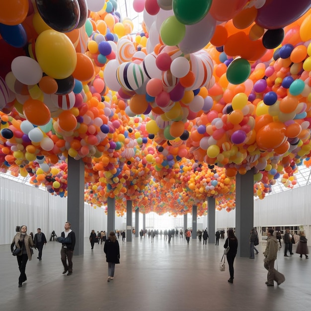 Premium AI Image | People walking in a large room with lots of balloons ...