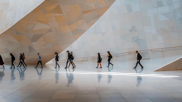 Люди ходят по современному зданию с геометрическими формами и узорами на стенах и полу