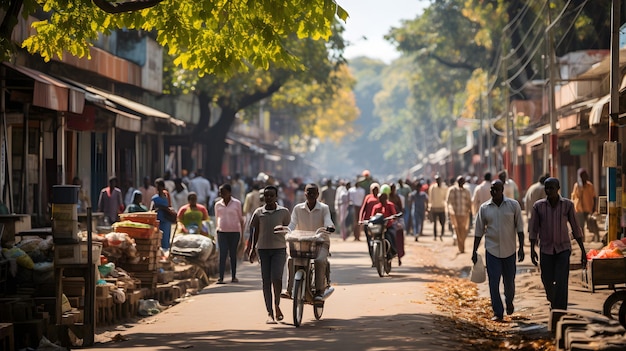 people walking and riding bicycles down a street in a crowded area Generative AI