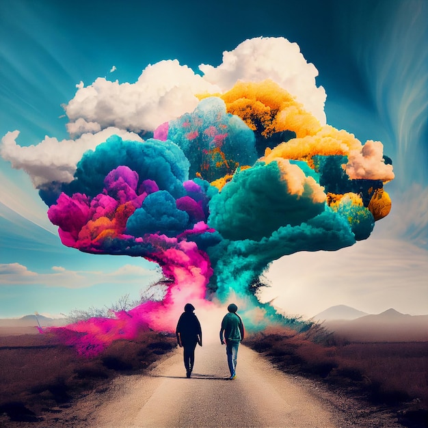 미래의 비전 긍정적인 낙관적 사고 위의 다채로운 창조적인 구름 위를 걷는 사람들