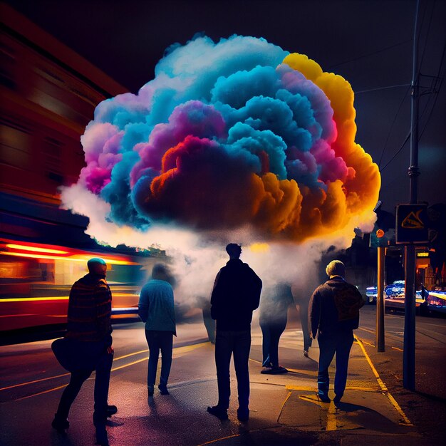 People walking on the road at night colorful creative cloud above future vision positive optimistic