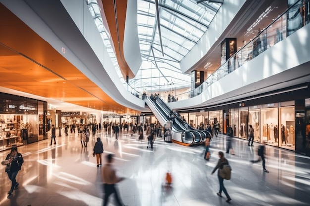 People walking in a shopping mall with escalators and a large glass ceiling.