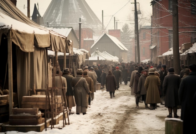 People Walking on Snow Covered Street in a Crowded Scene