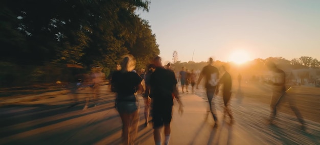 People walking on street in city during sunset