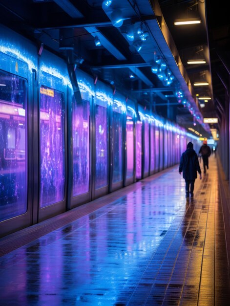 People walking in a subway station with purple lights