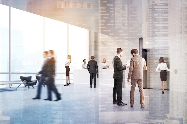 People walking and talking in an elevator hall with a reception counter and two secretaries. 3d rendering. Toned image. Double exposure.