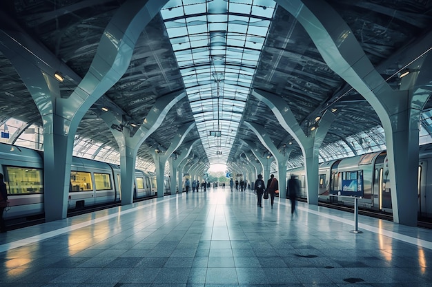 People walking in a train station with a train in the background