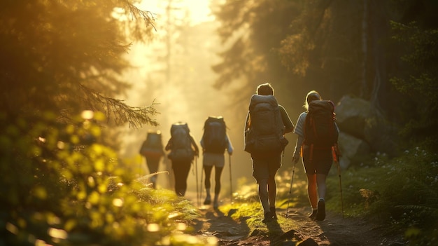 People walking with backpacks on a hike in the forest illuminated by a golden light creating