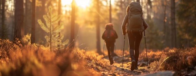 People walking with backpacks on a hike in the forest illuminated by a golden light creating