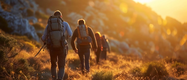Photo people walking with backpacks on a hike in the forest illuminated by a golden light creating