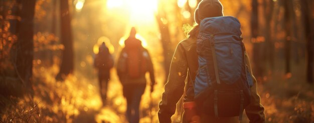 People walking with backpacks on a hike in the forest illuminated by a golden light creating